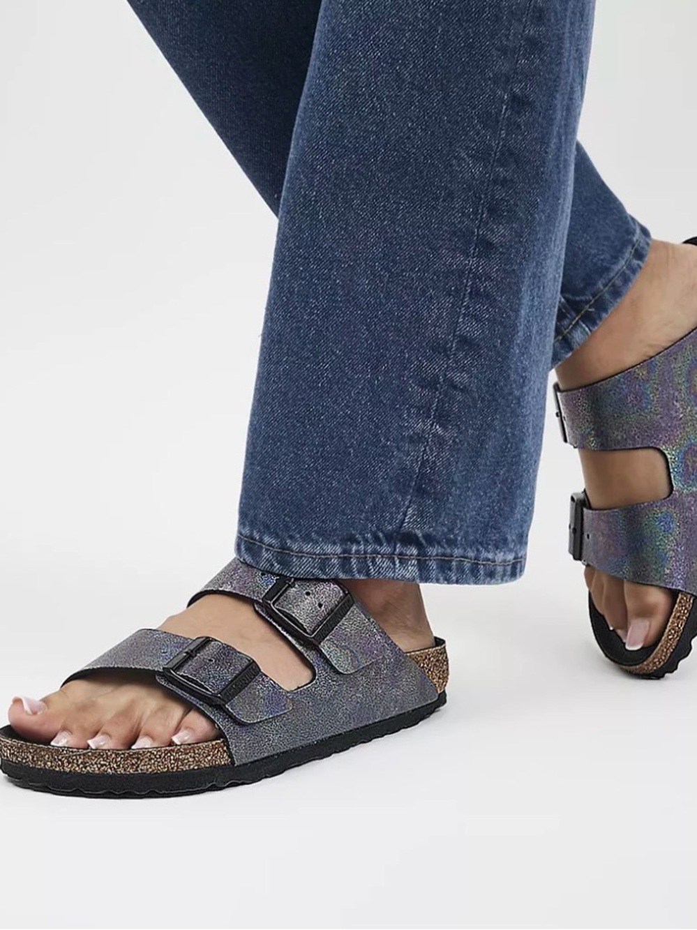 Arizona Two Strap Sandals | Iridescent Black Vegan | size 41